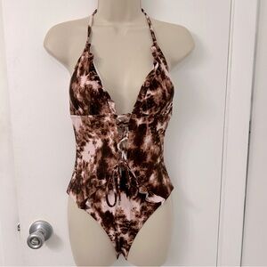 🆕 brown & pink tie front one piece bathing suit 🤎💕 NWOT!